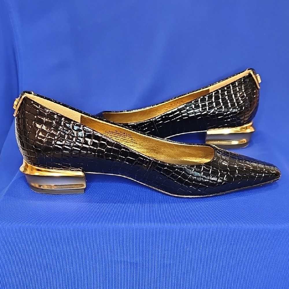 Donna Kara Savita Snip Toe Croc Embossed Flat Black Gold Size 7